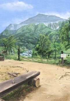 absurdres bench blue_sky building cloud cup disposable_cup fence highres mountain nazo_no_anime-dan no_humans original scenery sky