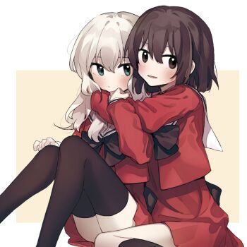 2girls black_bow black_bowtie black_hair black_thighhighs bow bowtie brown_eyes green_eyes inuko_(ink0425) kawamura_reo long_hair medium_hair multiple_girls sawaguchi_mai school_uniform sono_hanabira_ni_kuchizuke_wo st._michael&#039;s_school_uniform thighhighs white_background white_hair yuri