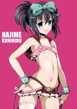 1girl bare_shoulders black_hair blue_eyes blush bow character_name clothing_cutout cuffs female_focus flat_chest hair_between_eyes hair_bow hand_on_own_hip highres hip_vent kunihiro_hajime looking_at_viewer magenta_background navel no_panties open_mouth pink_background ponytail pussy revealing_clothes saki_(manga) shiny_skin short_hair simple_background single_thighhigh skirt smile solo standing star_(symbol) thighhighs xiao_rui_rui
