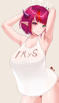 1girl absurdres alternate_breast_size_(larger) alternate_costume arms_behind_head arms_up artist_name black_halo blue_eyes bob_cut breasts brown_background character_name cleavage closed_mouth clothes_writing commentary contrapposto cross-shaped_pupils curvy halo heterochromia highres hololive hololive_english horns irys_(hololive) large_breasts long_pointy_ears looking_at_viewer multicolored_hair multiple_halos no_pants no_wings official_alternate_hair_length official_alternate_hairstyle pink_eyes pointy_ears red_hair red_streaks seductive_smile see-through_silhouette see-through_tank_top short_hair signature simple_background smile solo streaked_hair symbol-shaped_pupils tank_top tasty_(dudwofla) virtual_youtuber white_halo white_tank_top