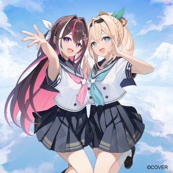2girls aqua_eyes aqua_neckerchief asymmetrical_sidelocks azki_(hololive) black_hair black_hairband black_shoes blonde_hair blue_neckerchief blue_sky braid buttons cloud colored_inner_hair commentary_request copyright_notice cowengium crossed_bangs day double-breasted double-parted_bangs hair_intakes hair_ornament hairband hairclip half_up_half_down_braid hand_to_hand hand_up highres hololive kazama_iroha kazama_iroha_(school_uniform) loafers long_hair looking_at_viewer medium_hair miniskirt mole mole_under_eye multicolored_hair multiple_girls neckerchief official_alternate_costume official_art outstretched_arm pink_hair pink_neckerchief pleated_skirt ponytail purple_eyes school_uniform serafuku shirt shoes short_sleeves sidelocks skirt sky socks streaked_hair very_long_hair virtual_youtuber white_hair white_shirt white_socks