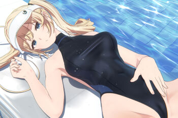 1girl 3d akehi_yuki backless_leotard black_leotard blonde_hair blue_eyes cameltoe commentary_request covered_navel groin hand_on_own_stomach hat highleg highleg_leotard leotard long_hair looking_at_viewer lying miyo_(akehi_yuki) on_back original paid_reward_available pool poolside thighs twintails visor_cap water_drop white_hat