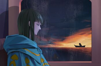 1girl aged_down black_hair blunt_bangs boat child cloak closed_mouth hashtag-only_commentary highres hood medium_hair miuny nico_robin nico_robin_(water_7) ocean one_piece profile reflection shadow sidelocks sitting sunset train water watercraft window