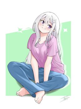 1girl alternate_costume barefoot between_legs blue_pants blush border casual closed_mouth denim emilia_(re:zero) feet full_body green_background hair_ornament hand_between_legs highres indian_style jeans long_hair looking_to_the_side miarin141 pants pink_shirt pointy_ears purple_eyes purple_shirt re:zero_kara_hajimeru_isekai_seikatsu shirt short_sleeves signature sitting smile solo t-shirt toes white_border white_hair
