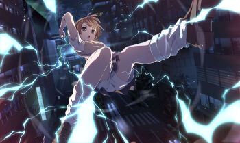 1girl absurdres academy_city brown_eyes brown_hair brown_shoes brown_sweater_vest building commentary dynamic_pose electricity electrokinesis grey_skirt hair_ornament hairclip highres loafers looking_at_viewer loose_socks medium_hair midair misaka_mikoto night open_mouth outdoors pension_z pleated_skirt psychic road school_uniform shirt shoes short_sleeves shorts shorts_under_skirt skirt socks solo street summer_uniform sweater_vest toaru_kagaku_no_railgun toaru_majutsu_no_index tokiwadai_school_uniform white_shirt white_socks