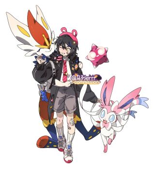 animal_ears animal_hands bandaid bandaid_on_face black_coat black_hair blue_eyes blue_fur blush bow cinderace closed_mouth coat floating full_body furry gen_6_pokemon gen_7_pokemon gen_8_pokemon grey_shorts hair_ornament hairclip hat highres looking_at_another minior minior_(core) minior_(red_core) multicolored_fur necktie nintendo one_eye_closed open_mouth pink_fur pink_hat pink_necktie pokemon pokemon_(creature) rabbit_ears red_fur ribbon shirt shoes short_hair shorts simple_background socks standing sylveon two-tone_fur white_background white_fur white_shirt white_shoes white_socks wulie_errr yellow_eyes yellow_fur