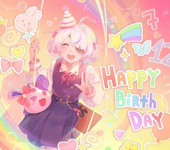 Rule 34 | 1girl, :d, ahoge, akarui umo, blush, closed eyes, eyepatch, fishnet gloves, fishnets, flat chest, gloves, happy birthday, hat, heart, heart ahoge, highres, maria marionette, marippet (maria marionette), medium hair, multicolored hair, nijisanji, nijisanji en, on swing, open mouth, party hat, pink hair, purple hair, shooting star, sir ventrilo (maria marionette), smile, streaked hair, swing, virtual youtuber, w