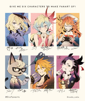 ! !! 2boys 4girls adjusting_clothes adjusting_headwear andras_(megido72) angry animal_crossing asymmetrical_bangs bc_freedom_(emblem) bc_freedom_military_uniform black-framed_eyewear black_choker black_gloves black_hair black_jacket blonde_hair blue_eyes blue_hair blue_headwear blue_jacket blue_vest blush cat character_name chart choker closed_mouth controller copyright_name cross-shaped_pupils crossover cup dress dress_shirt emblem english_text fingerless_gloves fingersmile frown game_controller gen_8_pokemon girls_und_panzer glasses gloves green_eyes grimace hair_ornament half-closed_eyes hat high_collar highres holding holding_controller holding_cup holding_game_controller interlocked_fingers jacket jewelry kepi long_hair long_sleeves looking_at_viewer marnie_(pokemon) medium_hair megido72 messy_hair military military_hat military_uniform morpeko morpeko_(full) multiple_boys multiple_crossover multiple_drawing_challenge multiple_girls nia_teppelin nijisanji nintendo oshida_(girls_und_panzer) otogibara_era outside_border own_hands_together pendant pink_dress pink_pupils pokemon pokemon_(creature) pokemon_swsh raymond_(animal_crossing) shirt six_fanarts_challenge smile smirk sparkle spoken_exclamation_mark sweat sweatdrop symbol-shaped_pupils teacup tengen_toppa_gurren_lagann translation_request twintails twitter_username undercut vest virtual_youtuber wadanaka white_shirt yellow_eyes