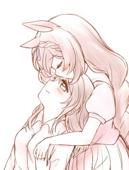 animal_ears blush closed_eyes collared_shirt female_trainer_(umamusume) from_behind highres holding_hands horse_ears horse_girl kiss kissing_forehead long_hair looking_at_another nanohana school_uniform sepia shirt short_sleeves super_creek_(umamusume) tracen_school_uniform trainer_(umamusume) umamusume white_background yuri