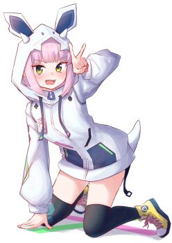 1girl :d a.i._voice absurdres aho_whale animal_ears animal_hood arm_support arm_up black_thighhighs blush commentary_request fake_animal_ears fake_horns green_eyes highres hood hood_up hooded_jacket horns jacket kneeling long_sleeves open_mouth pink_hair puffy_long_sleeves puffy_sleeves shadow sharp_teeth shoes smile solo teeth thighhighs v white_background white_jacket yellow_shoes yukine_riu