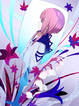 1girl absurdres braid commentary_request cup drinking_glass flower from_side grey_background hidulume highres hood hood_down kaf_(kamitsubaki_studio) kamitsubaki_studio lily_(flower) lily_of_the_valley long_sleeves pink_hair straight_hair virtual_youtuber wine_glass