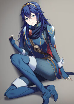 Rule 34 | 1girl, ameno (a meno0), armor, belt, blue eyes, blue gloves, blue hair, blue pants, blue shirt, brown belt, crossed bangs, fingerless gloves, fire emblem, fire emblem awakening, full body, gloves, gold hairband, grey background, hairband, long hair, looking at viewer, lucina (fire emblem), nintendo, pants, parted lips, shirt, shoulder armor, sitting, solo, thighs, tiara, wavy hair