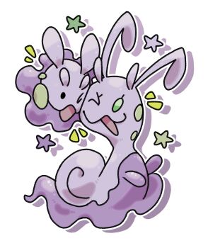 :3 black_eyes cheek-to-cheek commentary drop_shadow gen_6_pokemon goomy green_eyes heads_together highres nintendo no_humans notice_lines one_eye_closed open_mouth pokemon pokemon_(creature) pokemon_focus pr_quote sliggoo star_(symbol) white_background