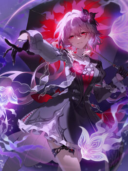 1girl absurdres asymmetrical_sleeves black_dress black_flower black_gloves breasts collar commentary dress earrings evernight_(honkai:_star_rail) evey_(honkai:_star_rail) flower gloves grin hair_flower hair_ornament hairclip highres holding holding_umbrella honkai:_star_rail honkai_(series) jewelry long_hair march_7th_(honkai:_star_rail) medium_breasts memosprite mismatched_sleeves parallel_hairclips pink_hair red_eyes red_flower single_bare_shoulder single_earring smile thigh_strap umbrella very_long_hair white_collar yurid_0