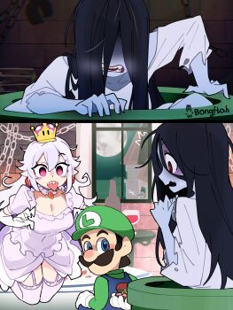 1boy 2girls :p absurdres black_hair blue_eyes blue_skin bongftah breasts cleavage colored_skin commentary crossover dress elbow_gloves facial_hair flying gloves green_hat hat highres jewelry large_breasts long_hair looking_at_another luigi luigi&#039;s_mansion mario_(series) multiple_girls mustache nintendo princess_king_boo red_eyes ring sharp_teeth super_crown symbol-only_commentary teeth the_ring tongue tongue_out white_dress white_gloves white_hair window yamamura_sadako