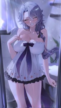 1girl bare_shoulders black_ribbon breasts cleavage closed_eyes corrupted_twitter_file cosplay dress grey_hair hair_between_eyes hair_ribbon highres long_hair phase_connect ribbon second-party_source shisui_michiru_(phase_connect) smile solo utatane_nasa utatane_nasa_(cosplay) virtual_youtuber white_dress yoellim5