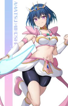 1girl armor bike_shorts blue_hair blush borrowed_character breasts chain commission cross_(crossryou) energy_sword gold_chain highres holding holding_sword holding_weapon looking_at_viewer medium_breasts navel original pink_eyes shirt short_hair shoulder_armor simple_background skeb_commission skirt sleeveless sleeveless_shirt smile solo sword tiara weapon white_background white_skirt