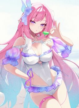 1girl alternate_costume bare_shoulders blue_hair blush breasts cameltoe cleavage clothing_cutout covered_navel cyrene_(honkai:_star_rail) cyrene_(ripples_of_past_reverie)_(honkai:_star_rail) diamond-shaped_pupils diamond_(shape) flower food frilled_one-piece_swimsuit frills gradient_hair hair_flower hair_ornament hand_on_own_hip highres holding holding_food holding_popsicle honkai:_star_rail honkai_(series) jfifwebp large_breasts long_hair looking_at_viewer multicolored_hair one-piece_swimsuit open_mouth pink_hair pointy_ears popsicle purple_eyes simple_background solo swept_bangs swimsuit symbol-shaped_pupils thigh_strap very_long_hair white_background white_one-piece_swimsuit