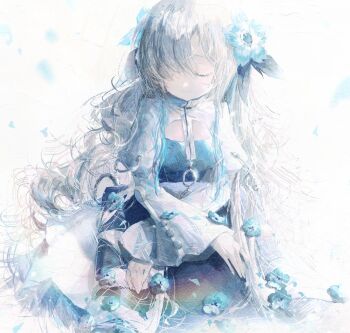 1girl absurdres blue_flower blue_hair closed_eyes dress flower grey_hair hair_flower hair_ornament hashtag-only_commentary highres isekaijoucho juliet_sleeves kamitsubaki_studio long_hair long_sleeves multicolored_hair nemophila_(flower) petals puffy_sleeves shrug_(clothing) smile solo sumisumire00 two-tone_hair very_long_hair virtual_youtuber