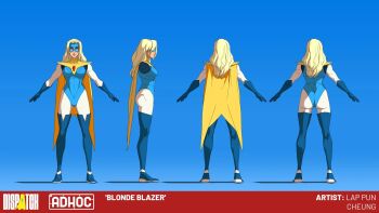 ass blonde_blazer blonde_hair blue_boots blue_eyes blue_gloves blue_leotard blue_mask bodysuit boots breasts cape character_name curvy dispatch eye_mask full_body gem gloves highres jewelry legs_apart leotard long_hair long_legs mask medium_breasts multiple_views muscular muscular_female narrow_waist necklace outstretched_arms red_gem reference_sheet simple_background spread_arms standing thigh_boots turnaround wavy_hair white_bodysuit yellow_cape