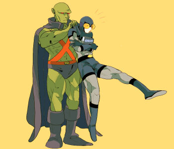 2boys alien blue_beetle caught clothes_grab dangling dc_comics food_theft grabbing_from_behind height_difference male_focus martian_manhunter motono_(shichino) multiple_boys simple_background size_difference superhero_costume surprised ted_kord