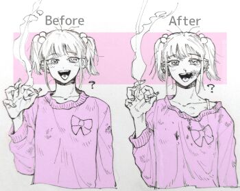 Rule 34 | 1girl, before and after, blood, blush, bra strap, bruise, bruise on face, chanel (jimoto saikou), chipped tooth, cigarette, commentary request, cropped torso, dirty, dirty clothes, ear piercing, english text, hair bobbles, hair ornament, half-closed eyes, hand up, holding, holding cigarette, injury, jimoto saikou, kirinsuke, looking at viewer, messy hair, multiple views, nosebleed, off shoulder, open mouth, partially colored, piercing, pink sweater, short hair, short twintails, smile, smoke, sweater, tongue piercing, twintails, upper body