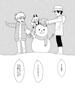 1girl 2boys aged_down aikawa_(resy3327) bucket chainsaw_man commentary_request demon_horns denji_(chainsaw_man) earmuffs full_body greyscale hair_between_eyes hayakawa_aki horns jacket mittens monochrome multiple_boys outdoors padded_jacket pointing power_(chainsaw_man) sharp_teeth smile snowing snowman speech_bubble teeth translation_request