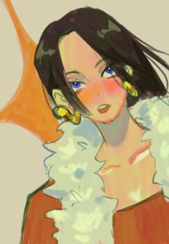 1girl black_hair blue_eyes boa_hancock commentary dutch_angle earrings english_commentary fur_trim highres jewelry long_hair one_piece parted_lips riicolato sidelocks snake_earrings solo upper_body