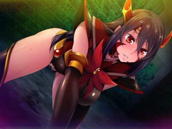 1girl all_fours black_gloves black_hair black_leotard black_sleeves black_thighhighs blush breasts brown_hair brown_leotard censored choker circlet collarbone dark_ignis_(sailor_element) detached_sleeves dutch_angle elbow_gloves game_cg gloves hair_between_eyes headgear large_breasts large_variant_set leotard long_hair mizushima_aoi mosaic_censoring nana_g night non-web_source official_art outdoors parted_lips red_eyes red_sailor_collar sailor_collar sailor_element sailor_shirt shiny_clothes shiny_legwear shiny_skin shirt smile solo thighhighs variant_set very_long_hair