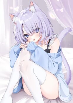 1girl animal_ears artist_request bed_sheet bedroom black_bra blue_eyes blue_sweater bra bra_peek bra_strap cat_ears cat_girl cat_tail character_request commentary_request eyes_visible_through_hair fangs feet_out_of_frame highres indie_virtual_youtuber knees_up looking_at_viewer manmaru_(vtuber) medium_hair off_shoulder on_bed purple_hair solo sweater tail thighhighs thighs underwear virtual_youtuber white_thighhighs