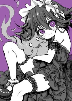 1boy :d bare_shoulders blush cosplay crown danganronpa_(series) danganronpa_v3:_killing_harmony detached_sleeves dress frilled_dress frills headdress highres hug knee_up kuchi_~ie oma_kokichi open_mouth purple_background shinigami_(rain_code) shinigami_(rain_code)_(cosplay) shoes simple_background smile teeth upper_teeth_only