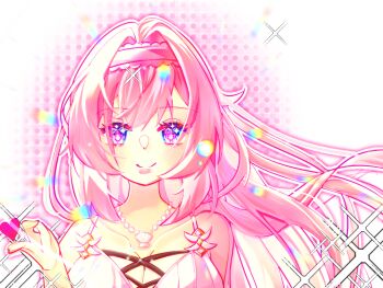 1girl bare_shoulders blue_eyes breasts chinese_commentary cleavage commentary_request commission elysia_(honkai_impact) elysia_(miss_pink_elf)_(honkai_impact) elysia_(summer_miss_elf)_(honkai_impact) hairband heart honkai_(series) honkai_impact_3rd jewelry large_breasts long_hair looking_at_viewer necklace official_alternate_costume pink_hair shell shell_necklace solo upper_body very_long_hair yingjingxue90662