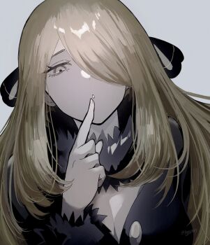 1girl :o absurdres black_jacket blonde_hair cynthia_(pokemon) hair_ornament hair_over_one_eye highres jacket kagi0487_(weiss_9610) long_hair nintendo pokemon pokemon_dppt simple_background solo upper_body yellow_eyes