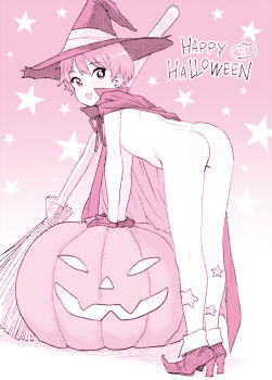 1girl arm_support ass bent_over blush broom cape closed_mouth english_text female_focus from_behind gloves halloween happy_halloween hat high_heels jack-o&#039;-lantern leaning_forward loli looking_at_viewer looking_back monochrome naked_cape original ponsuke_(pon00000) pumpkin short_hair smile solo star_(symbol) star_symbol_background thighs tongue tongue_out witch_hat