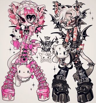 1boy 1girl :/ amatou_akuma animal animal_ears artist_name asymmetrical_legwear bat_wings belt belt_buckle black_belt black_boots black_choker black_collar black_leg_warmers black_pants black_shoes black_wings boots bow bracelet buckle cat_boy cat_ears cat_girl cat_tail chain character_charm character_doll charm_(object) choker closed_mouth collar colored_shoe_soles cross cross_choker demon_wings detached_leggings doll ear_piercing earrings emo_boy eyepatch fishnet_thighhighs fishnets flame_print frilled_leotard frilled_straps frills from_side frown full_body garter_straps goth_fashion gothic_lolita grey_eyes grey_hair grey_pants grey_shorts grey_tail hair_bow hair_ornament half-closed_eyes hand_up head_wings headphones heart heart_eyepatch heart_hair_ornament hello_kitty hello_kitty_(character) holding holding_animal holding_doll holding_handbag holding_stuffed_toy hoop_earrings jewelry leash leg_warmers leotard lolita_fashion looking_at_viewer low_wings maid_headdress mini_wings mismatched_legwear mole mole_under_eye multicolored_hair necklace original pants piercing pink_arm_warmers pink_belt pink_boots pink_bow pink_eyes pink_frills pink_hair pink_leotard pink_straps pink_thigh_strap pink_wings platform_boots platform_shoes ring safety_pin safety_pin_earring safety_pin_piercing sanrio scar scar_on_arm scar_on_hand scar_on_hands scar_on_leg scar_on_thigh scar_on_thighs scars_all_over shirt shoes short_hair shorts signature simple_background skull skull_and_crossbones sleeveless sleeveless_shirt sparkle spiked_boots spiked_bracelet spiked_collar spikes standing striped_clothes striped_thighhighs stuffed_animal stuffed_cat stuffed_toy tail tail_bracelet tail_ornament tattoo thighhighs too_many torn_clothes torn_shorts two-tone_hair white_background white_hair white_headdress white_tail wings