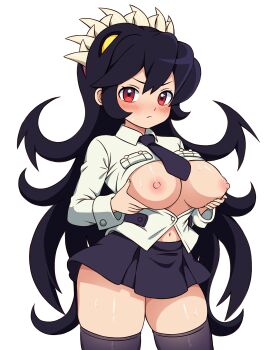 1girl absurdres black_hair black_skirt black_thighhighs blush breast_lift breasts filia_(skullgirls) highres large_breasts long_hair looking_at_viewer navel necktie nekorrupt red_eyes samson_(skullgirls) sharp_teeth shirt simple_background skirt skullgirls solo sweat teeth thighhighs white_background white_shirt yellow_eyes