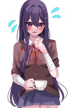 1girl absurdres bandaged_arm bandages blazer blue_skirt collared_shirt doki_doki_literature_club doki_doki_literature_club_school_uniform grey_jacket hand_up highres jacket long_hair looking_at_viewer moeti0302 neck_ribbon orange_vest purple_eyes purple_hair ribbon scar scar_on_arm school_uniform self-harm shirt skirt sweatdrop thigh_cutting vest white_shirt worried wrist_cutting yuri_(doki_doki_literature_club)