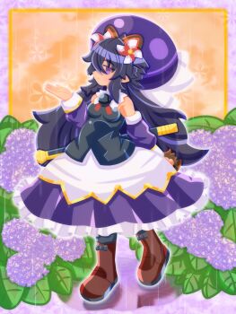 1girl animal_ears black_dress boots breasts brown_boots commentary_request detached_sleeves dress flower frilled_dress frills gold_trim hair_ornament hat highres hydrangea long_hair matsuhime_mujina medium_breasts multicolored_dress penthesirabbit pointy_ears profile purple_dress purple_eyes purple_hair purple_hat raccoon_ears raccoon_girl raccoon_tail rain sheath shinrabanshou sleeveless sleeveless_dress solo tail white_dress