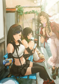 3girls ;) absurdres aerith_gainsborough bare_shoulders bench black_hair black_skirt boots braid braided_ponytail breasts brown_boots brown_eyes brown_hair chocobo cleavage crop_top cropped_jacket dress earrings eating elbow_gloves final_fantasy final_fantasy_vii final_fantasy_vii_rebirth final_fantasy_vii_remake fingerless_gloves floating_earrings food giving gloves hair_ribbon headband highres holding holding_food holding_popsicle ice_cream_bar jacket jewelry knees_up large_breasts long_dress long_hair looking_at_viewer low-tied_long_hair midriff miniskirt multiple_girls navel on_bench one_eye_closed outdoors parted_bangs pink_dress pink_ribbon popsicle red_boots red_eyes red_jacket ribbon shirt short_hair sitting skirt sleeveless sleeveless_turtleneck smile spykeee standing suspender_skirt suspenders suspenders_gap tank_top taut_clothes taut_shirt thighhighs tifa_lockhart turtleneck white_tank_top yuffie_kisaragi zettai_ryouiki