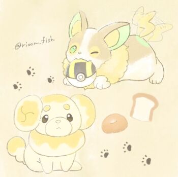 bread brown_eyes closed_mouth commentary dog donut fang fidough food full_body gen_8_pokemon green_eyes highres nintendo no_humans paw_print poke_ball pokemon pokemon_(creature) pokemon_focus rioon_fish simple_background sitting smile symbol-only_commentary tail tail_wagging twitter_username ultra_ball yamper yellow_background