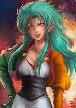 Rule 34 | 1girl, breasts, cleavage, female focus, green hair, hand on own hip, juliet sleeves, long hair, long sleeves, looking at viewer, puffy sleeves, ryouko (tenchi muyou!), solo, spiked hair, tenchi muyou!, washuu, yellow eyes