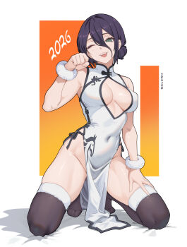 Rule 34 | 1girl, 2026, 20s, absurdres, alternate costume, animal print, black thighhighs, blush, breasts, chainsaw man, china dress, chinese clothes, chinese zodiac, cleavage cutout, clothing cutout, commentary, covered erect nipples, covered navel, dress, english commentary, fur-trimmed thighhighs, fur trim, fur wrist cuffs, green eyes, hair between eyes, hair bun, happy new year, highleg, highleg dress, highres, horse print, iris out (song), kneeling, looking at viewer, medium breasts, melowh, new year, no panties, one eye closed, open mouth, paw pose, print dress, purple hair, reze (chainsaw man), side slit, sleeveless, sleeveless dress, smile, solo, teeth, thighhighs, tongue, tongue out, white dress, wink, wrist cuffs, year of the horse