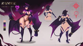 1girl absurdres akireimiki ass back bandaid bandaid_on_face bandaid_on_nose bra breasts casting_spell clawed_feet claws cleavage clenched_hands collar concept_art demon_girl demon_horns demon_tail demon_wings heart highres hip_focus horns indie_virtual_youtuber magic panties pubic_tattoo purple_hair purple_horns purple_streaks rainhoe sigil spiked_collar spikes tail tattoo thick_thighs thighs underwear virtual_youtuber wide_hips wings