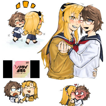 2girls black_hairband blonde_hair blush brown_hair commentary glasses gmeg011 hairband heart highres holding_hands karaoke kiss koishikawa_iko long_hair long_sleeves lower_teeth_only momijiyama_teru multiple_girls neckerchief notice_lines one_eye_closed red_neckerchief sailor_collar school_uniform shirt short_hair shy_(series) simple_background skirt smile symbol-only_commentary teeth translation_request white_background yuri