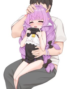 1boy 1girl absurdres animal_ears blush bow braid controller cow_ears cow_tail custardmaker flat_chest game_controller hand_on_another's_waist headpat heart highres horns loli long_hair looking_at_viewer mole muu_muyu neck_bell phase_connect pink_eyes purple_hair shiny_skin shirt sitting sitting_on_lap sitting_on_person size_difference sleeveless sleeveless_shirt tail thighs virtual_youtuber white_background