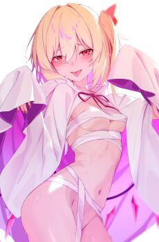 1girl 25omega25 bandages blonde_hair blush breasts cape covered_erect_nipples crystal_wings flandre_scarlet groin highres looking_at_viewer medium_breasts naked_bandage naked_cape navel one_side_up red_eyes side_ponytail smile stomach tongue tongue_out touhou wings