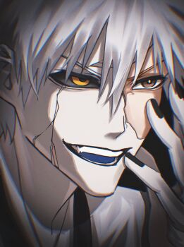 2boys black_background black_nails black_sclera bleach blue_tongue broken_mask brown_eyes colored_sclera colored_tongue cracked_kawaii_mask cracked_mask dual_persona fingernails highres hollow_ichigo kurosaki_ichigo male_focus mask mismatched_eyebrows multiple_boys short_hair simple_background smile teeth white_hair xixixixi_xi yellow_eyes