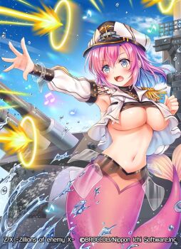 1girl armpits battleship beamed_eighth_notes blue_eyes blue_hair blue_sky breasts cleavage cloud cloudy_sky colored_inner_hair copyright_notice eighth_note firing frederica_(z/x) hat large_breasts medium_hair mermaid military_vehicle monster_girl multicolored_hair musical_note navel official_art open_mouth outdoors pink_hair quarter_note serino_itsuki ship shirt sky solo splashing teeth underboob upper_teeth_only warship watercraft white_hat white_shirt z/x