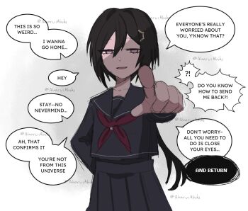 Rule 34 | 1girl, akaruiakiki, alternate universe, april fools, black hair, black serafuku, black skirt, collarbone, colored speech bubble, commentary, english commentary, grey background, hair between eyes, hair ornament, hairclip, half-closed eyes, hatching (texture), highres, humanization, linear hatching, long sleeves, looking at viewer, muted color, neckerchief, partially shaded face, pleated skirt, pointing, pointing at viewer, ponytail, purple eyes, red neckerchief, school uniform, serafuku, simple background, skirt, smile, solo, speech bubble, stay gold (umamusume), twitter username, umamusume, upper body, watermark, watermark grid, white background, winter uniform