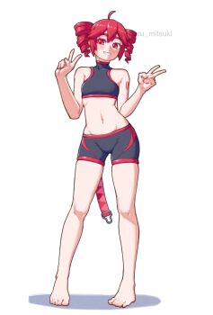 1girl alternate_costume barefoot double_v drill_hair full_body grey_shorts grey_sports_bra hands_up hashtag-only_commentary highres kanbaru_mitsuki kasane_teto looking_at_viewer navel red_eyes red_hair shorts simple_background smile solo sports_bra standing twin_drills utau v
